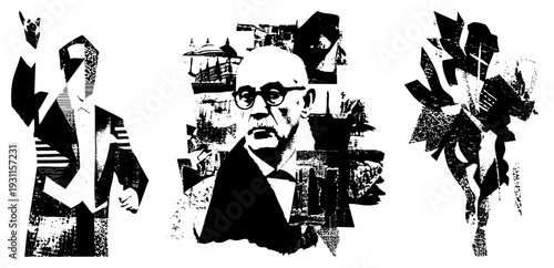 Black and white graphic depicting stylized human forms with geometric and halftone textures, urban architectural fragments, avant garde composition, graphic design element.