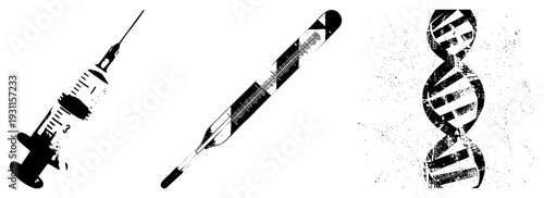 Black and white vector of syringe, thermometer, and DNA helix with distressed texture, used in medical, scientific, or health related visual communication.