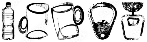 Stylized water bottle, mugs, bottle opener, and scale rendered in gritty halftone, vector illustration, isolated objects, textured, design.