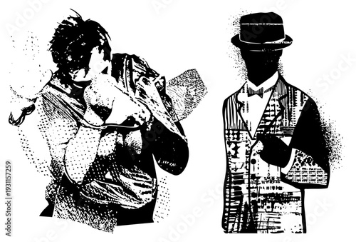 Retro black and white halftone graphic of a woman in draped clothing and a man in a fedora and bowtie, stylized with dot and textured, evoking 1940s film noir or vintage poster art.