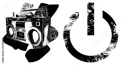 Retro cassette player with speakers, halftone texture, power button, 80s music device, equipment, black and white graphic.