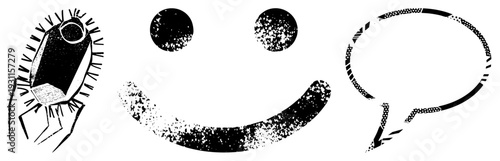 Graphic illustration of a cheerful face with halftone texture, speech bubble, and pencil, vector art for creative projects, minimalist design, black and white, isolated elements.