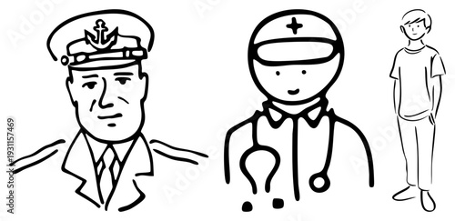 Sailor with anchor hat, medical doctor with stethoscope and cap, casual civilian in t shirt and pants, all in minimalist art.