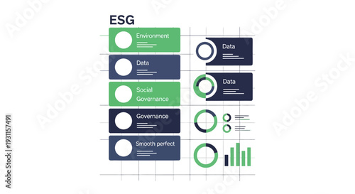 Modern digital infographic visualizing ESG (Environmental, Social, Governance) data. Clean charts for corporate sustainability analysis.