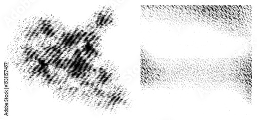 Black and white halftone dot, gradient density transition, graphic texture, print simulation, vector art, visual noise, stippling effect.