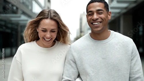 Couple walking together in city street.