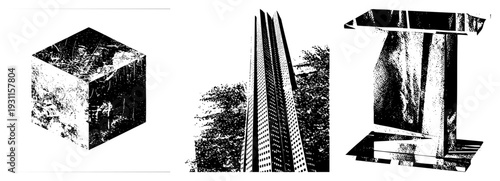 Black and white vector forms with halftone texture, abstract cuboid, skyscraper silhouette, angular podium, graphic art elements, isolated design motifs.