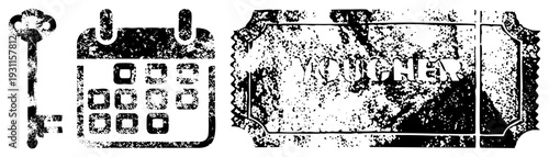 Retro key, calendar grid, voucher ticket distressed halftone vector, vintage graphic elements, black and white design, stylized symbols, textures.