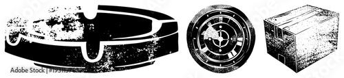 Distressed black and white vector car badge, analog clock, cardboard box. Graphic elements with speckled texture, stylized shapes, isolated design assets.