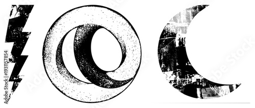 Graphic featuring a jagged lightning bolt, a 3D optical illusion ring, and a textured moon all in halftone dot style with gritty texture.