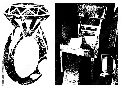 Classic solitaire ring with textured setting, rustic wooden chair with slats, halftone print style, isolated vector elements, design, graphic illustration.