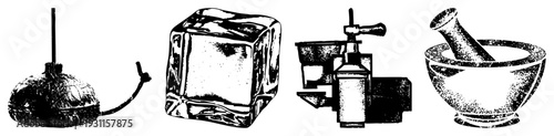 Classic black and white vector of plunger, ice cube, dispenser, mortar pestle isolated, cutout, rgba