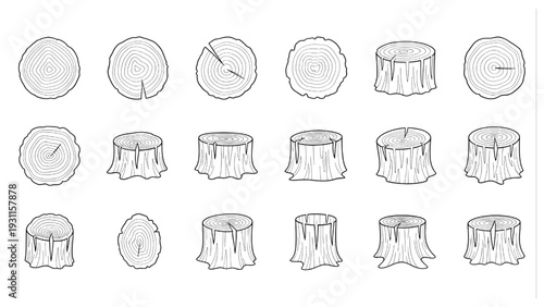 Tree Trunk and Stump Symbols Top Down Plan View Abstract Outline Vector Pack