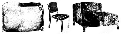 Black and white halftone vector illustrations of a textured briefcase, minimalist chair, and upholstered armchair, rendered in graphic design style with dot and clean.