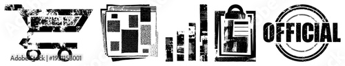 Distressed vector including shopping cart, document stack, bar graph, clipboard, and official seal., textured, stylized symbols for digital interfaces or print design.