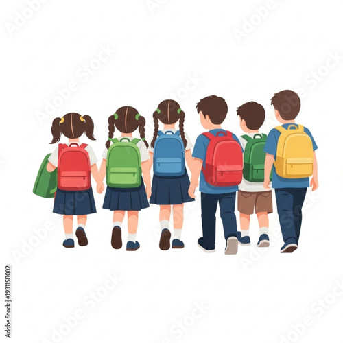 Children Walking to School with Backpacks on Isolated White Background