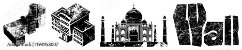 Taj Mahal, skyscraper,, and “Wall” text rendered in distressed black vector art, urban grit aesthetic, silhouette, symbolic architecture.