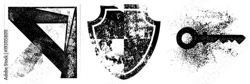 Vector featuring a stylized triangle, shield with checkerboard, and antique key, all rendered in gritty halftone texture. Design elements for security, access, or protection themes.
