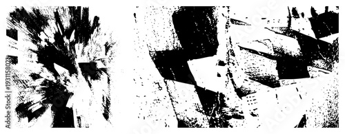 Bold black and white vector shapes breaking into angular, halftone texture overlay, graphic abstraction, digital art composition, stark visual impact, geometric deconstruction.