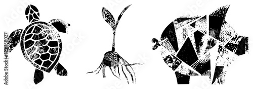 Graphic illustrations of turtle, sprout, and fish rendered in halftone textures, vector art, black and white, abstract nature motifs, isolated design elements.