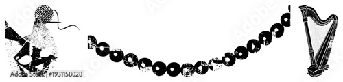Stylized musical notation chain connecting knitting yarn figure and harp, graphic, artistic composition, rhythmic, cultural fusion.