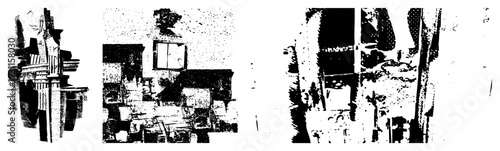 Stylized architectural forms with fragmented shapes, halftone textures, urban abstraction, graphic design elements, bold, modernist composition.