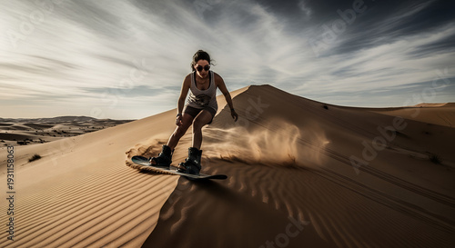 Young woman snowboarding on sand dunes in desert landscape  