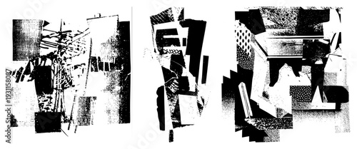 Fragmented abstract forms with halftone, vector graphic art, bold black and white shapes, graphic design elements, modern minimalism.