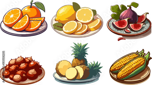 Diverse set of fresh organic fruits and berries icons featuring pomegranate, figs, kiwi, and bananas for health-conscious marketing campaigns and digital scrapbooking elements