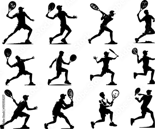 Dynamic Black Silhouettes of Diverse Male and Female Tennis Players in Action, Isolated on White Background for Sports Marketing and Design