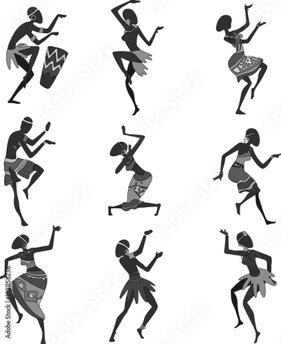 Dynamic Silhouette Art of African Tribal Dancers Showcasing Traditional Rhythms and Cultural Heritage for Global Education Materials