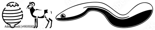 Simplified stylized of a ram, eel, and beehive, minimalist black, flat design, symbolic animal representations, isolated vector graphics.