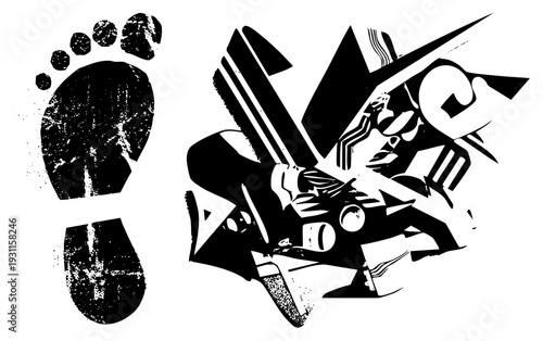 Graphic design featuring a textured footprint and dynamic warrior figure, vector illustration, high contrast art, stencil style, street art motif, bold silhouette, graphic symbol.