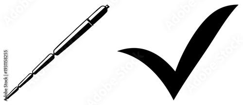 Writing instrument with checkmark, approval symbol, done marker, task completion, vector graphic, black, minimalist design.