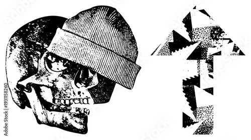 Grim skull in beanie hat, stylized graphic arrow, halftone texture, punk aesthetic, vector illustration, black and white, urban art, isolated design.