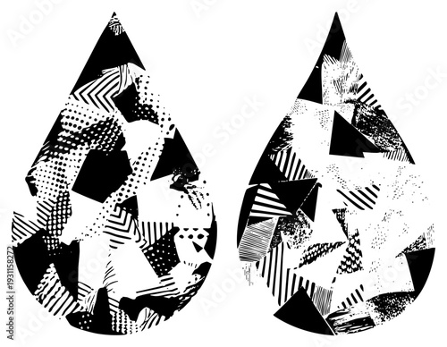 Two stylized teardrop shapes filled with fragmented geometric, halftone textures, and bold black and white contrast, vector art, graphic design element.