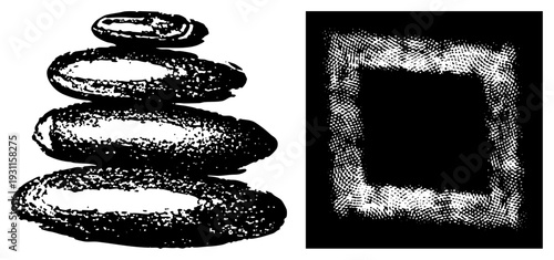 Calm stone meditation stack, zen balance stones, mindfulness rocks, tranquility arrangement, minimalist composition, ink sketch style, spiritual grounding.