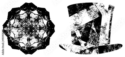 Symmetrical mandala design with fragmented shapes, abstract top hat silhouette, distressed halftone effect, vector art, graphic elements.