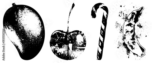 Retro styled mango, cherry, candy cane, and banana rendered in halftone dot, isolated vector graphics with textured grain, classic pop art aesthetic.