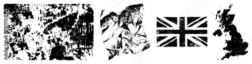 Grungy textured map of Great Britain, Union Jack flag, crumpled paper aesthetic, vintage cartography, UK geography, historical map style, black and white vector.