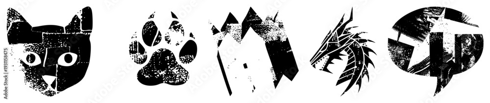 Obraz premium Graphic of cat, paw print, mountain, dragon, and starship, rendered in bold black shapes with distressed texture, ideal for logos or tattoos.