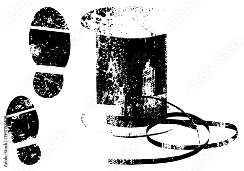 Retro sewing thread spool with scattered footprints, distressed texture, graphic, craft supply, textile design element.