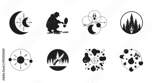Outdoor adventure emblems featuring a camper with a silhouette on transparent background