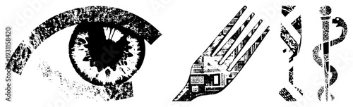 Eye symbolizing vision, fork representing dining, caduceus denoting medicine, all rendered in halftone texture, vector flat design, isolated for UI or branding.