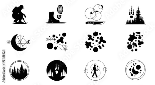 Outdoor adventure emblems and icons with a black silhouette on transparent background
