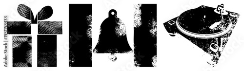 Retro styled vector with distressed texture gift box, bell, turntable,, gritty design, isolated symbols, graphic elements.