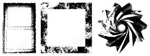 Textured black grunge frames with distressed edges, abstract spiral vortex design, vector graphic elements, isolated art assets, halftone, stylized composition.