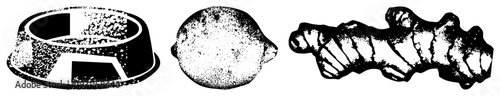 Black and white halftone pet food bowl, citrus lemon, knobby ginger root, stylized vector graphics, isolated food items, kitchen ingredients, dietary supplements.