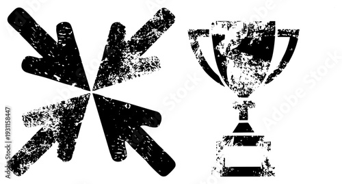 Bold black arrow and trophy symbols with grunge texture, vector graphics, isolated, digital design elements, flat style symbols.