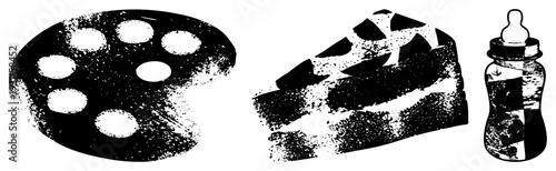 Vintage halftone style illustrations of artist palette, layered cake, and baby bottle, graphic design, isolated elements for creative projects.